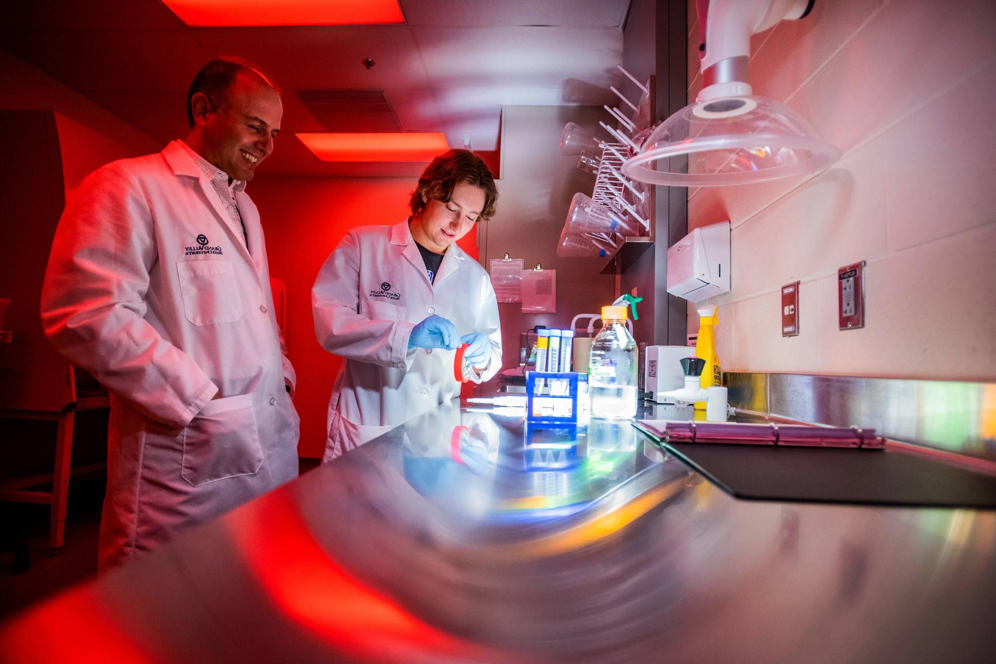 A GVSU student studies with a professor in one of Grand Valley's science labs.